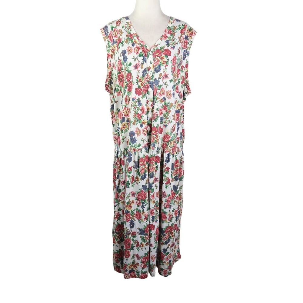 Vintage 90s Lauren Brooke White and Pink Floral Drop Waist Midi Dress 24W